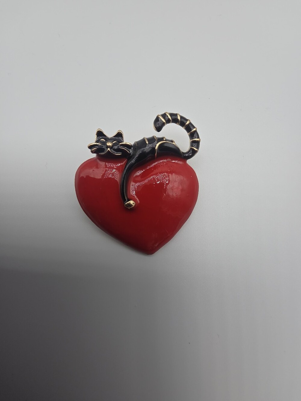 Black Cat Red Heart Brooch Pendant Gold Tone Enamel Cat Lover Jewelry